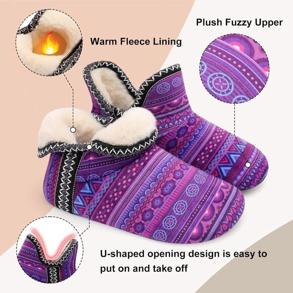 Purple Bohemian Women's Warm Bootie Slippers - Cozy, Non-Slip Winter House Shoes - Picture 4 of 7